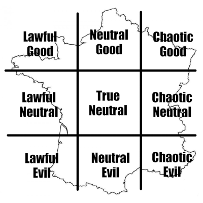 Grille d'alignement superposée sur la France. La Basse Normandie et le nord de la Bretagne tombent ainsi sur la case Loyal Bon, tandis que la région PACA tombe sur Chaotique Mauvais.